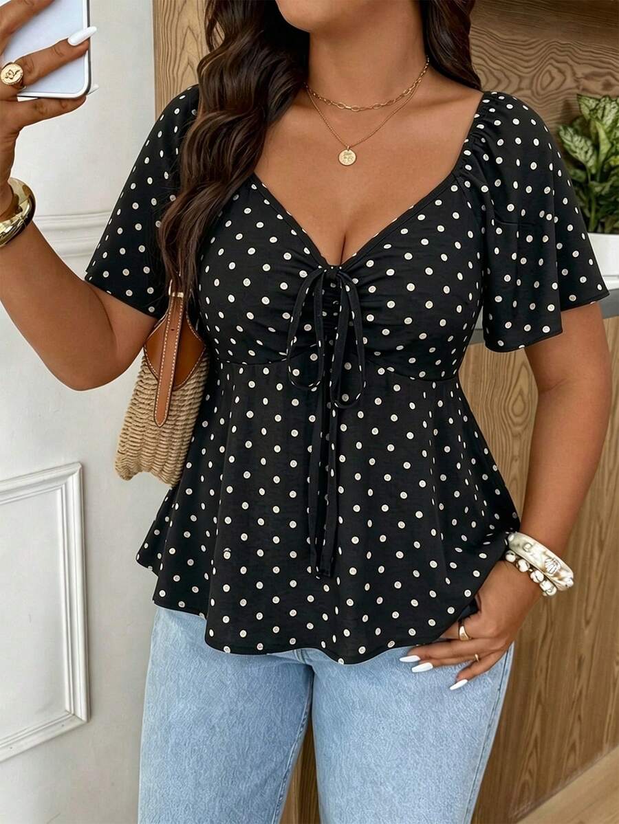 SHEIN Frenchy Plus Size Summer Casual Polka Dot Print T-Shirt - Black - View 1
