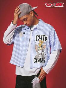 TOM & JERRY X SHEIN PAVTROS Men's Cartoon Pattern Print Plaid Single-Breasted Short Sleeve Shirt - Multicolor - View 6