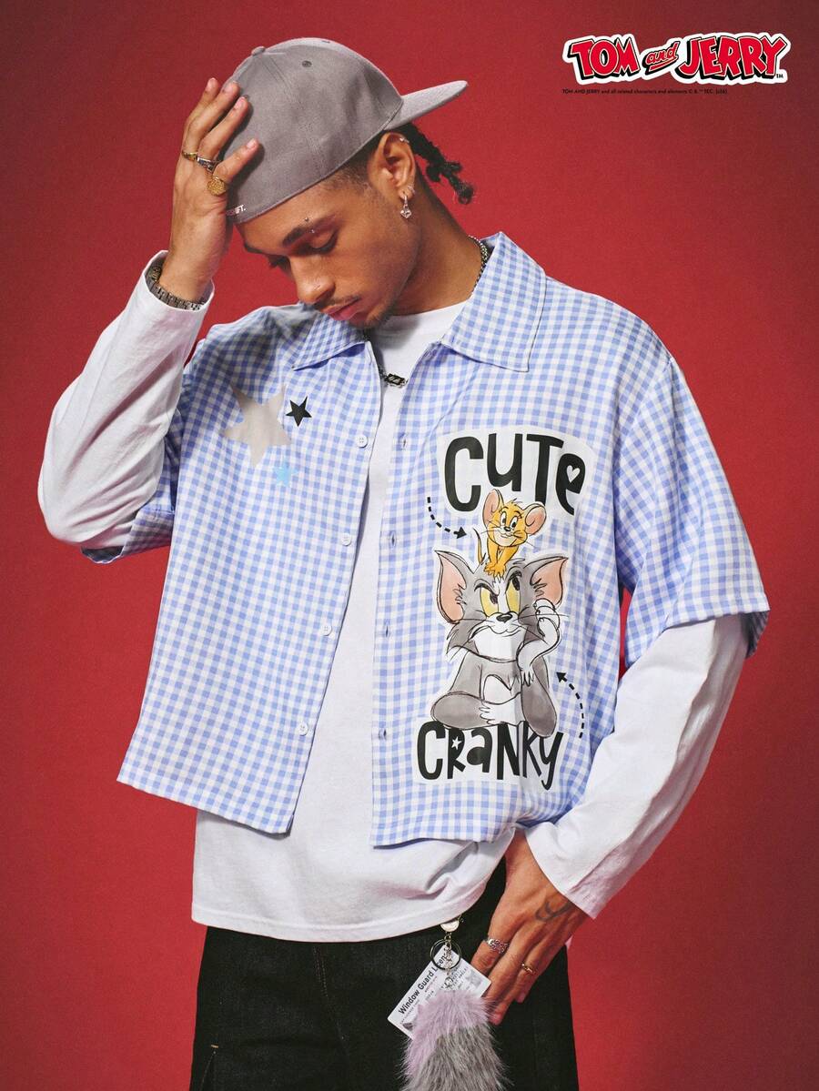 TOM & JERRY X SHEIN PAVTROS Men's Cartoon Pattern Print Plaid Single-Breasted Short Sleeve Shirt - Multicolor - View 1