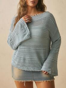 Freevana Plus Size Solid Color Boat Neck Knit Loose Bell Sleeve Top Suitable For Daily Wear Vacation Dusty Blue Autumn Traditional Fall Winter 2026 - Mint Blue - View 9