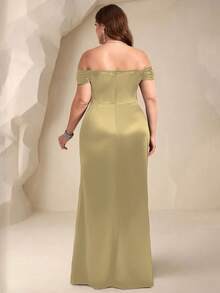 Coutiva Vestido de noche formal elegante con bloque de color, hombros descubiertos y cintura fruncida para mujer de talla grande - Amarillo - Ver 2