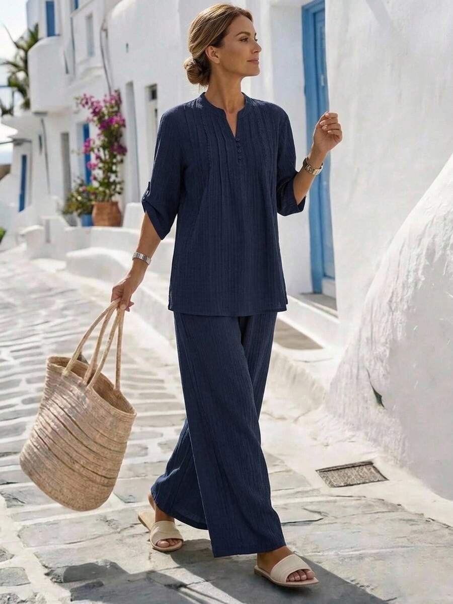 EMERY ROSE Women's Solid Color Notch V-Neck Rolled Sleeve Shirt And Pants Casual Two Pieces Set - Navy Blue - View 1
