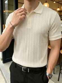 Core Aspect Men's Summer Short Sleeve Button-Up Solid Color Minimalist Polo Shirt - Apricot - View 4