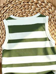 SHEIN Playful Pals 2pcs/Set Young Boy Casual Minimalist Striped Logo Print Tank Top And Logo Print Shorts, Suitable For Summer Outings - Multicolor - View 7