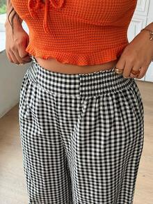 SHEIN EZwear 大码女式休闲度假通勤格子印花高腰宽松阔腿裤 - 黑與白 - 查看 7