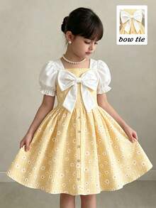 SHEIN Playful Pals 青少年女孩新款方領清新格紋印花蝴蝶結裝飾短袖洋裝 - 黃色 - 查看 6