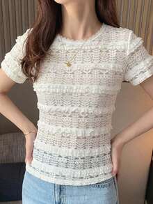 DAZY Women's Round Neck Solid Color Basic White Short Sleeve T-Shirt, White, Spring/Summer - White - View 5