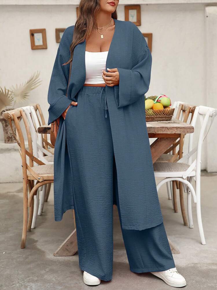 EMERY ROSE Plus Size Long Cardigan Shirt & Straight Leg Pants Casual Vacation 2 Pieces Set - Dusty Blue - View 5