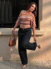 Hourglow Bohemian Boho Burnt Orange Sequin Asymmetrical Neck Short Sleeve Plus Size Top, Perfect For Spring/Summer Holidays Vacations, For Hourglass Body Shape - Multicolor - View 3