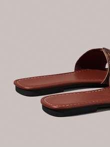 Styleloop Sandal Datar Wanita Musim Panas Sandal Liburan Bohemian Ujung Terbuka Sandal Selop Bersol Lembut - Coklat + Kulit - View 9
