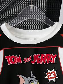 TOM & JERRY X SHEIN 男童撞色字母卡通印花圆领短袖T恤和短裤套装 - 白色 - 查看 4