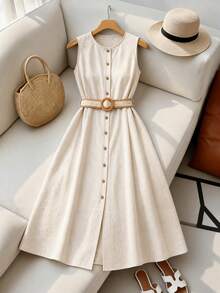 SHEIN Franclia Women's Solid Color Round Neck Single-Breasted Casual Party Dress Summer Dresses For Women Summer Summer Dresses For Women Summer Dresses Summer - Apricot - View 8