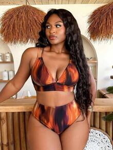 Slaydiva Plus Size Tie Dye Print Swimsuit Set For Vacation Beach - Multicolor - View 3