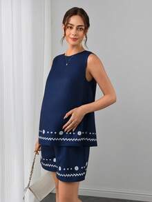 SHEIN Maternity Floral Print Tie-Front Top And Drawstring Waist Shorts Casual Daily Outfit - Blue - View 4