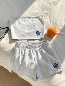 Comfortcana 95%棉夏季休閒海軍藍女款花卉圖案兩件套 - 淺灰色 - 查看 5