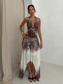Glamine Sexy Disco Bar Party Night Leopard Print Asymmetrical Hem Long Skirt For Women Vacation Cocktail White Autumn - Multicolor - View 1