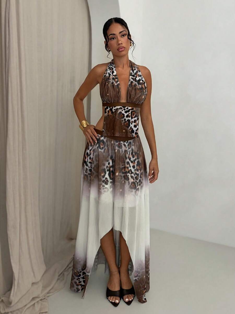 Glamine Sexy Disco Bar Party Night Leopard Print Asymmetrical Hem Long Skirt For Women Vacation Cocktail White Autumn - Multicolor - View 1