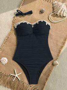 Bonvoyette Traje de baño de una pieza nuevo para mujer primavera/verano, tela texturizada con rayas de ondas azules con diseño de estrella de mar y conchas trenzadas, traje de baño de una pieza adecuado para playa, arena, natación, piscina, vacaciones - Negro - Ver 3