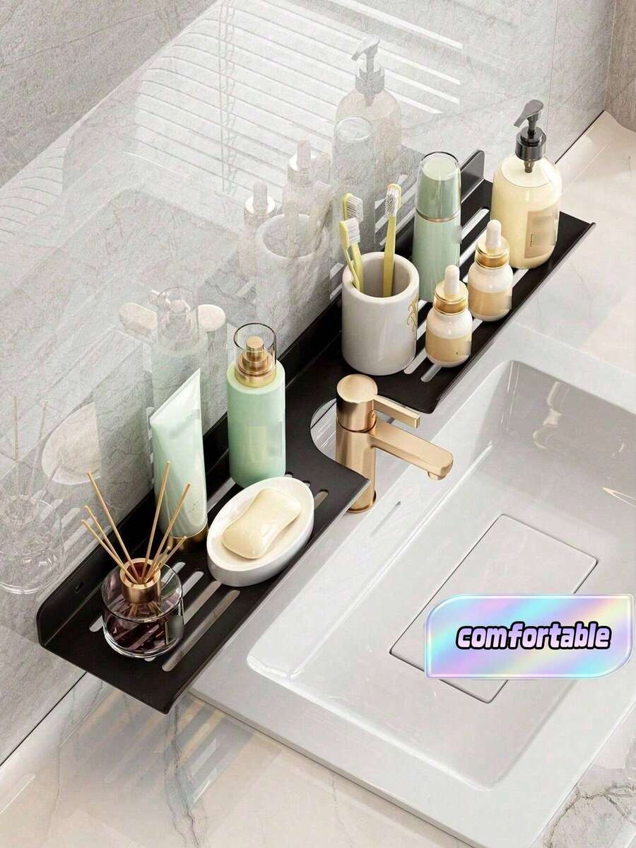 1PC Wash Basin Storage Shelf, Countertop Makeup Organizer, Bathroom & Kitchen Organizer, No Drilling Required Bathroom Accessories Bathroom Tools Bathroom - Black - View 1