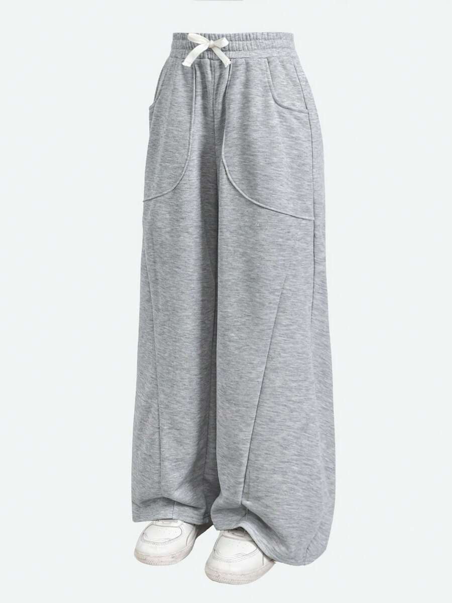 Tween Girls Gray Casual Sports Loose Fit Drawstring Sweatpants With Large Pockets - Light Grey - View 1