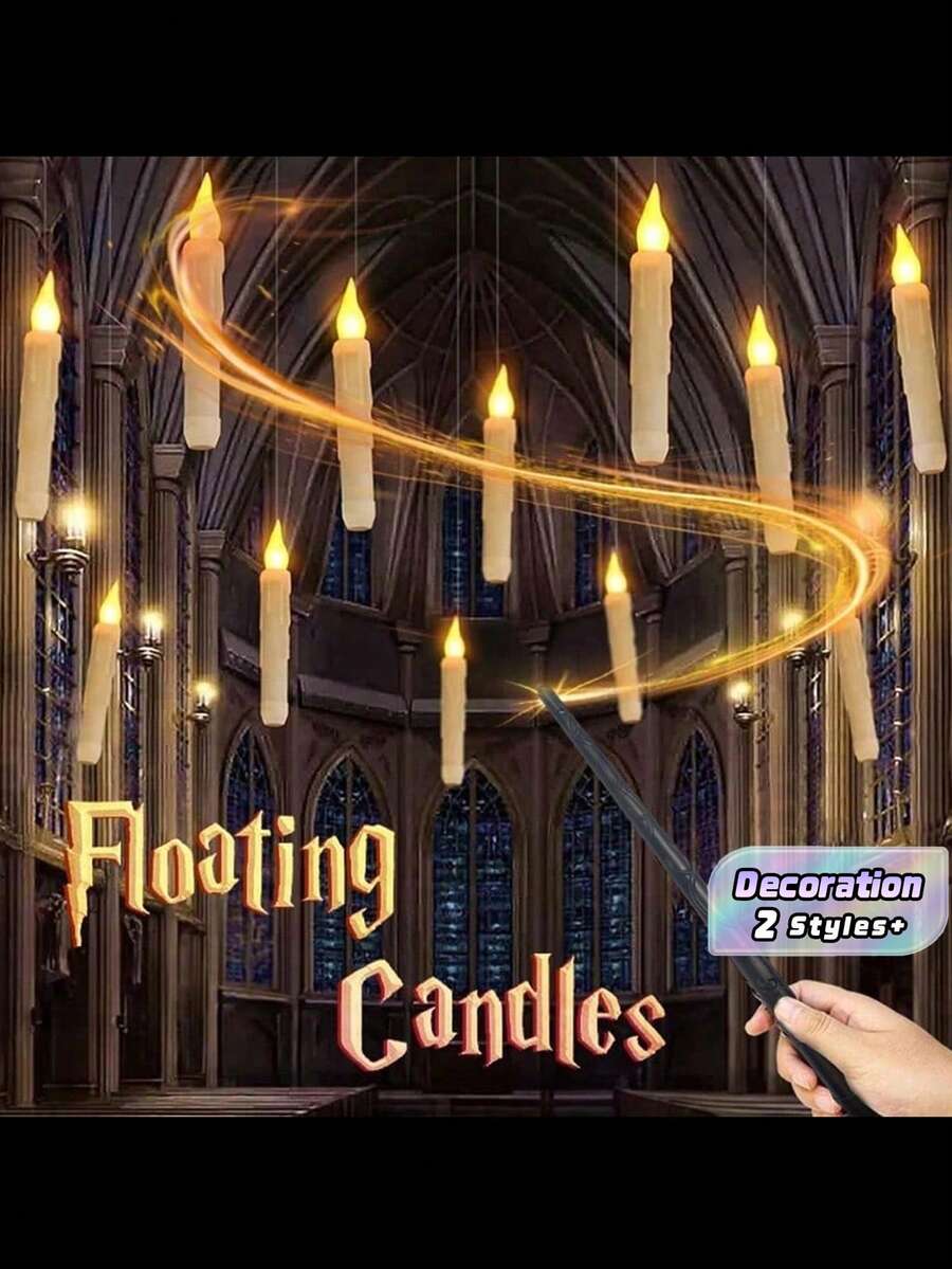 12 Pieces Floating Candles, Hanging Floating Candles For Halloween Decoration, With Wands/Remote Control, Harry-Themed Floating Magic Candles For Halloween, Christmas Parties, And Room Decoration. - Black - View 1