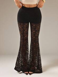 SHEIN PETITE Women's Lace Patchwork Versatile Daily Wear Flare Pants Party Night Black Summer Petite Sexy - Black - View 6