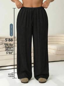 SHEIN Tall CURVE 大尺碼女款素色抽繩腰休閒百搭日常穿搭長褲 - 黑色 - 查看 5