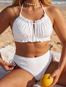 Swim Mod Plus Size Women Summer Beach Party Vacation Solid Color Ruched Halter Bikini Top All White - White - View 1