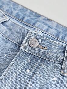 SHEIN Women's Rhinestone Embellished Washed Denim Straight Leg Shorts - Light Wash - View 5