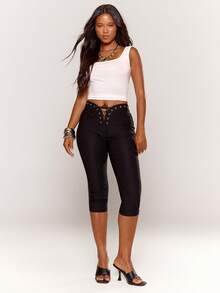 MUSERA Schwarze Schnür-Capri-Hose Sommer Festival Cool Girl Vintage Abendparty Urlaub - Schwarz - Übersicht 1