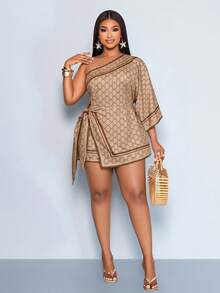 SOLERSUN "Ladies' Plus Size Casual Elegant Asymmetrical Neckline Half Sleeve Bowknot Printed Bat Sleeve Mini Dress, With A Light Luxury Retro Style, Suitable For Daily Commuting, Outings, Quiet Luxury Vacations, Holiday Costumes, Dates And Other Scenes " - Khaki - View 2