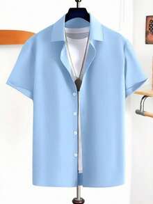 Manfinity Dauomo Men's Solid Color Button-Front Short Sleeve Shirt, Summer - Baby Blue - View 3