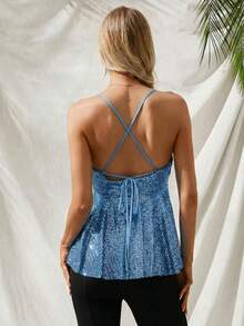 Aveloria Modichic 女款時尚精緻亮片裝飾荷葉邊下擺細肩帶背心 - 淺藍色 - 查看 2