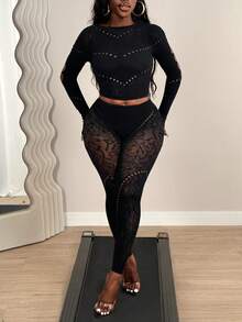 BamGleam Women's Hollow-Out Sheer Tight-Fitting 2 Pieces Set Night Out Black Summer - Black - View 6