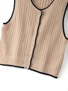 GlowEve CURVE Plus Size Elegant Hollow Out Contrast Color Button Round Neck Sleeveless Cardigan - Apricot - View 5