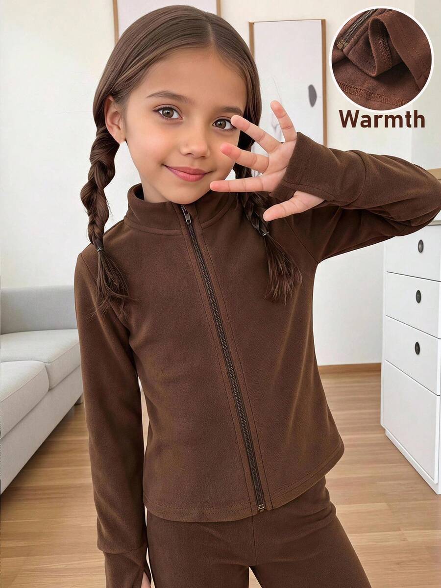 SHEIN 女童秋冬休閒百搭純色立領夾克外套