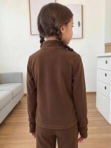 SHEIN 女童秋冬休閒百搭純色立領夾克外套 - 咖啡棕 - 查看 6