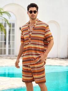 Mercer Haus Men's Orange Vacation Style Half-Placket Short Sleeve Shirt And Shorts Set - Multicolor - View 4