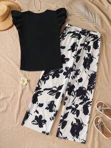 SHEIN Sparklyn Teen Girl Summer Vacation V-Neck Ruffle Sleeve Top + Floral Print Wide Leg Pants Set - Multicolor - View 2