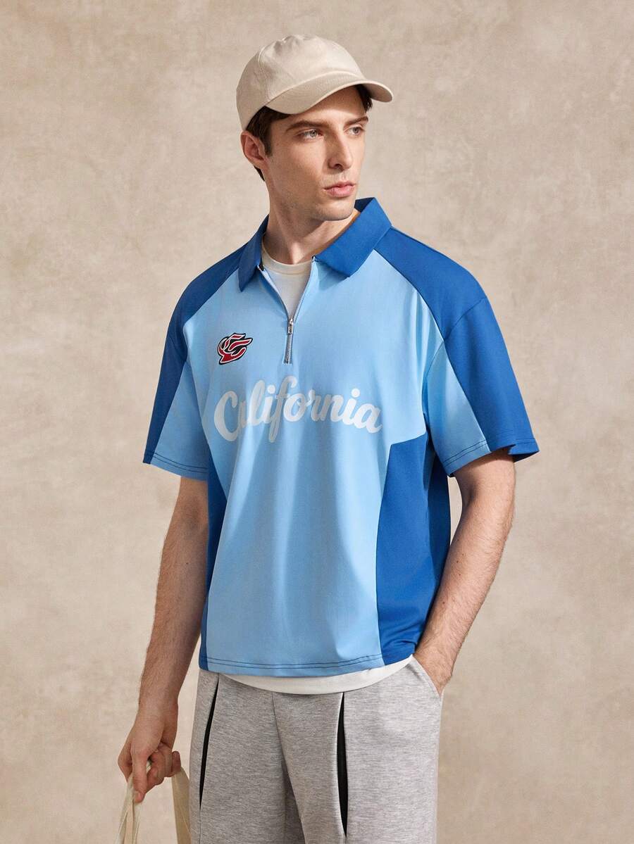 Polo de manga corta casual con media cremallera y estampado de letras de color contrastante para hombres - Azul - Ver 1