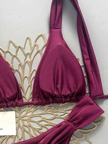 SHEIN Swim 女款性感海灘度假純色時尚熱門色掛脖綁帶＋後背綁帶比基尼上衣，性感抓皺後背＋側腰抓皺設計比基尼褲，街頭風音樂節派對泳池泳衣套裝 - 酒紅色 - 查看 6