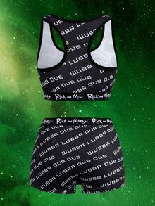 Rick and Morty X SHEIN Women's Cartoon Letter Print Colorblock Tank Top And Shorts Lingerie Set - Black - View 2