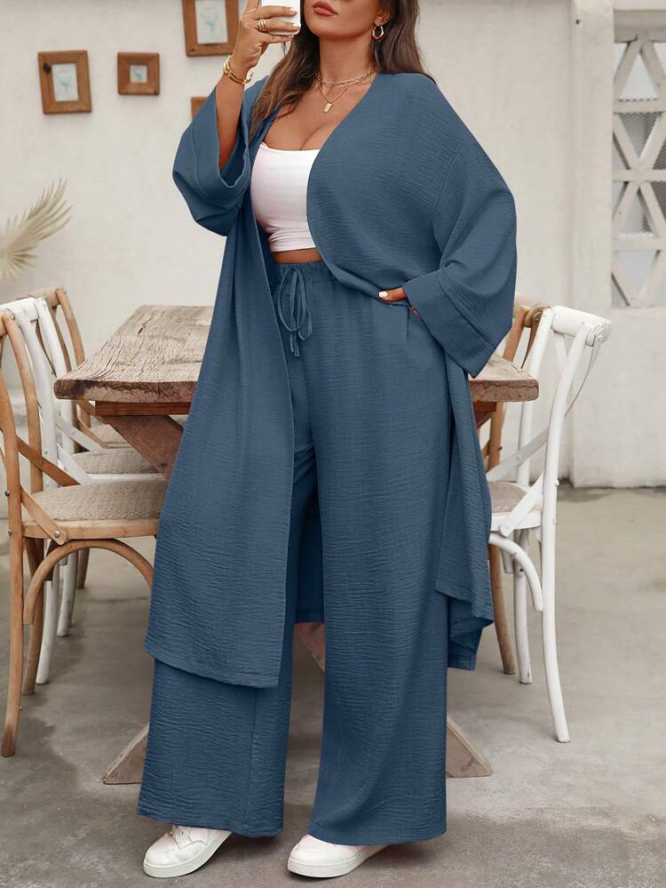 EMERY ROSE Plus Size Long Cardigan Shirt & Straight Leg Pants Casual Vacation 2 Pieces Set - Dusty Blue - View 3
