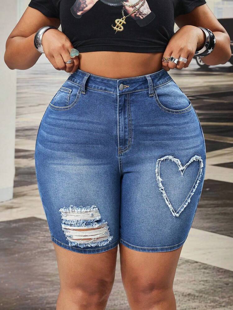 Slaydiva Spring Plus Size Women Cowgirl Style Blue Stretch Heart Embroidered Distressed Shorts Denim, Summer - Medium Wash - View 5
