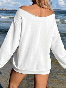 SHEIN EZwear 女款露肩寬鬆休閒長袖海龜印花圖案運動衫 - 白色 - 查看 2