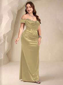 Coutiva Vestido de noche formal elegante con bloque de color, hombros descubiertos y cintura fruncida para mujer de talla grande - Amarillo - Ver 3