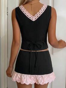 SHEIN EZwear 夏季女款 2 件組蕾絲拼接 V 領無袖上衣與裙子套裝，黑色與粉色，適合夜生活與日常穿搭，可愛風格 - 彩色 - 查看 2