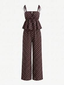 SHEIN PETITE Women's Vacation Casual Tropical Sexy Brown And White Polka Dot Print Camisole Long Pants 2 Pieces Set,Petite Beach Summer - Coffee Brown - View 8