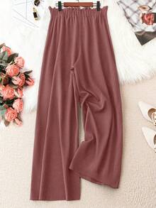SHEIN Tall CURVE Celana Panjang Wanita Ukuran Besar Warna Polos dengan Tali Serut, Kasual, Serbaguna, untuk Perjalanan Sehari-hari - Watermelon Pink - View 2