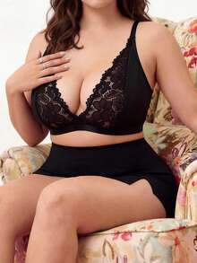 Elorette Women's Plus Size Patchwork Lace Wireless Bra - Black - View 3